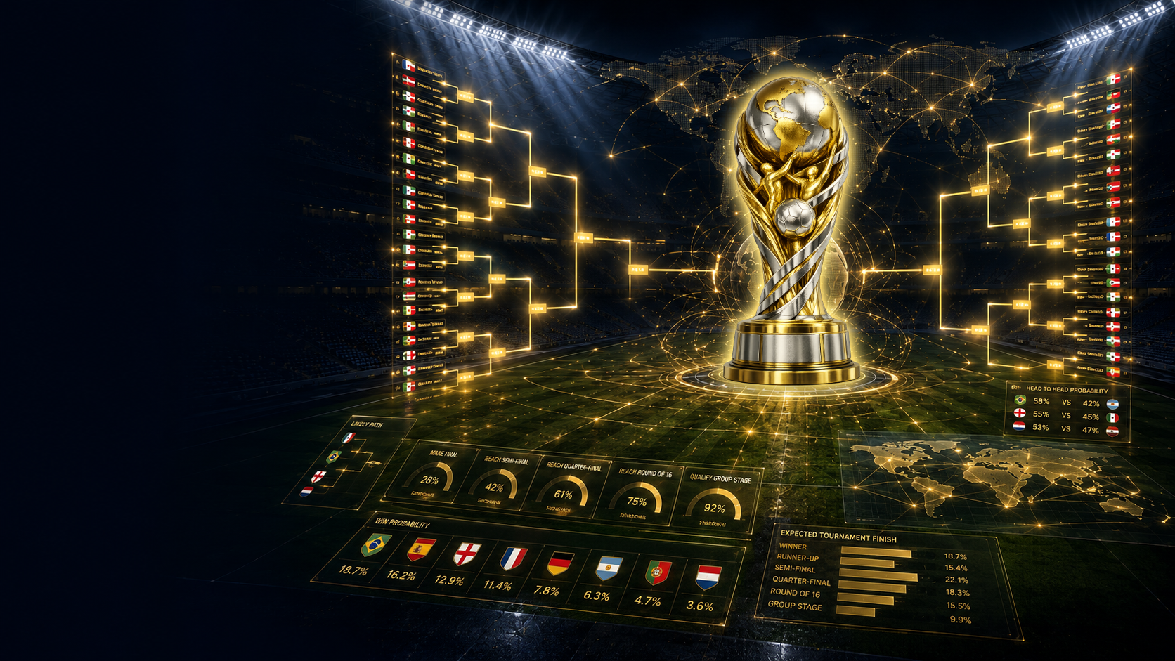 Premium football tournament analytics visualisation inside a stadium